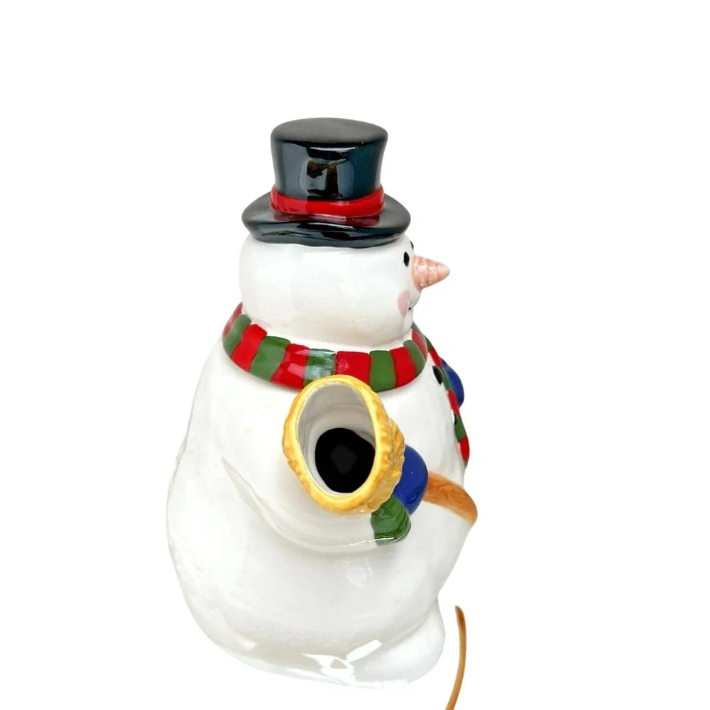 Teapot Snowman Christmas Ceramic Holiday Hand Painted Decorative Vintage Kitchen